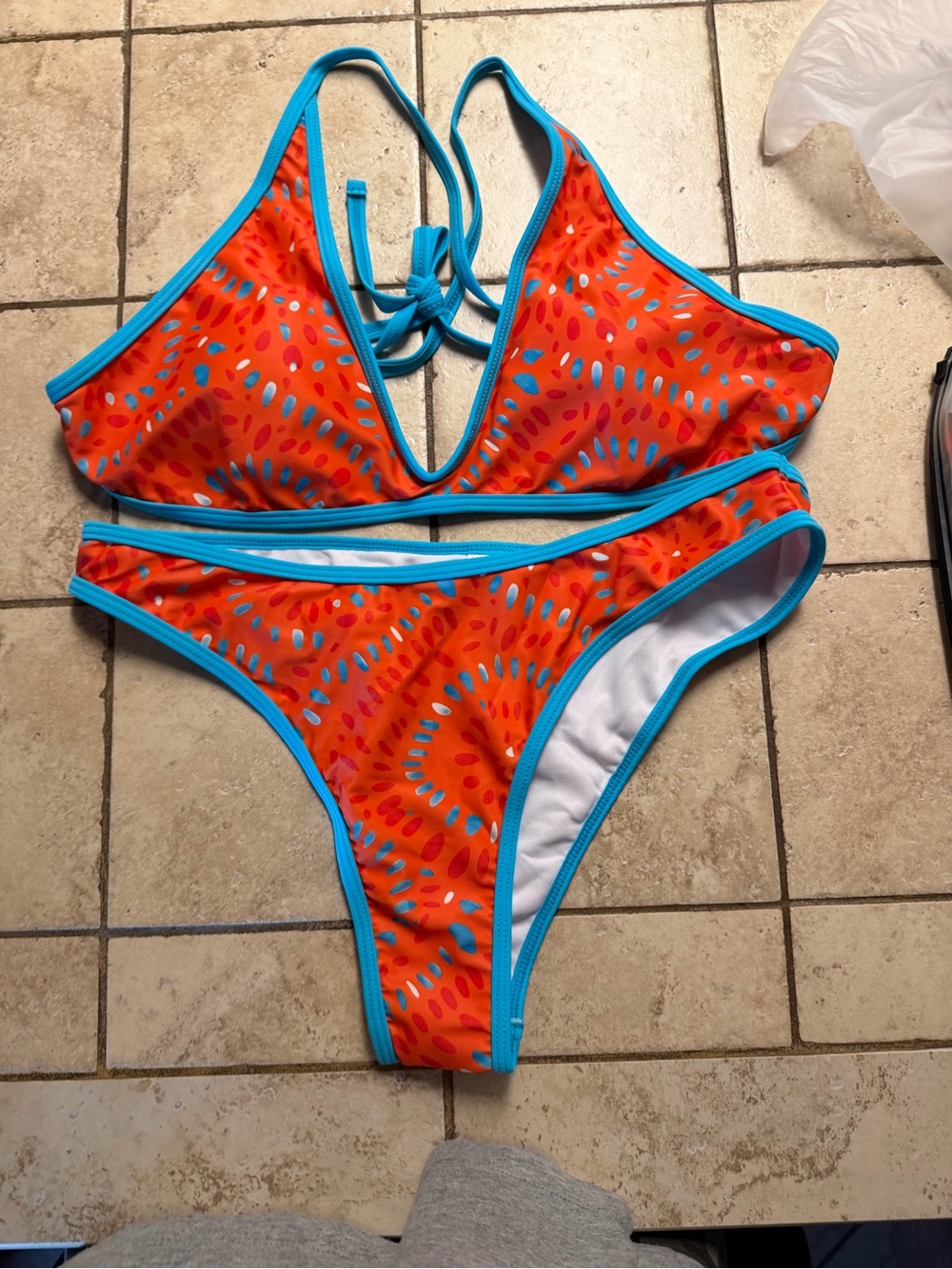 Women's Orange Patterned Bikini with Turquoise Trim